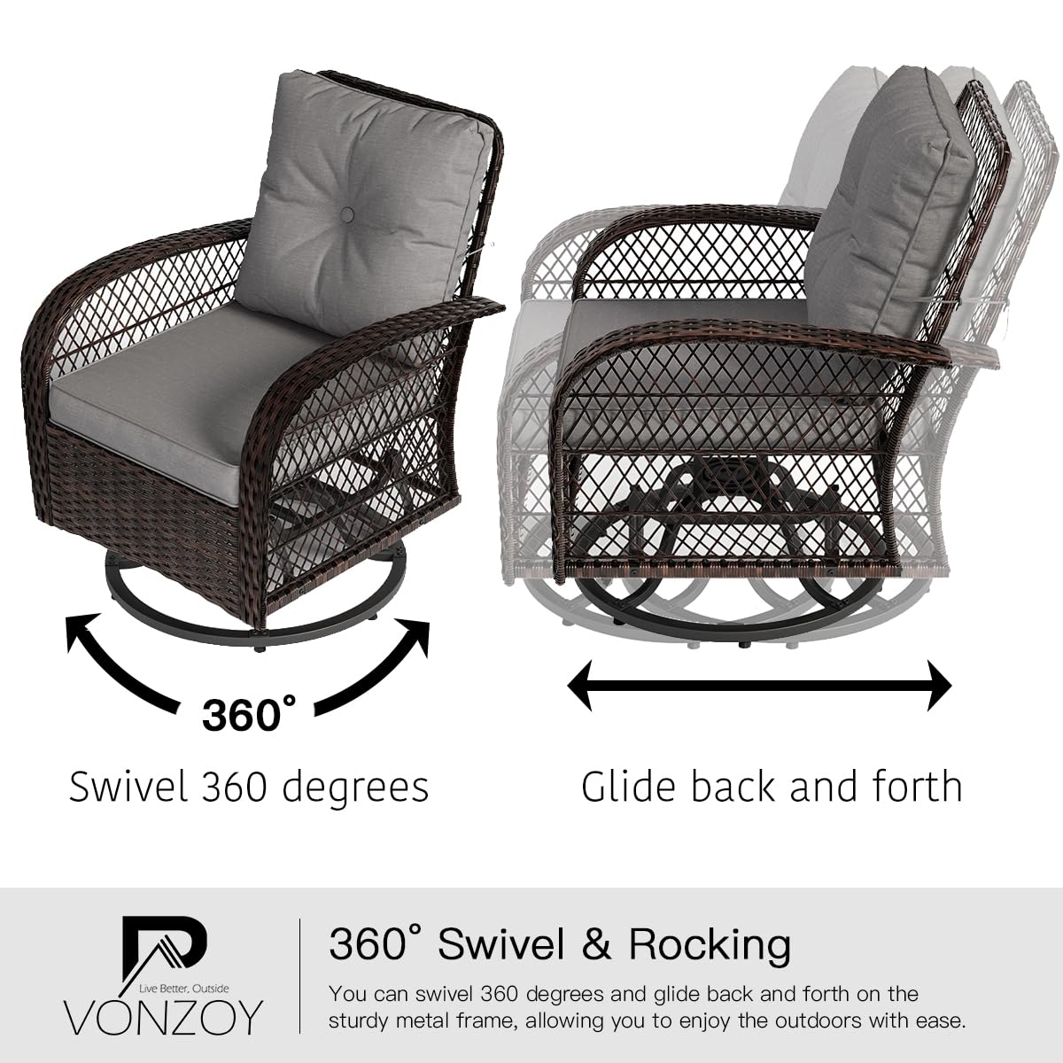 VONZOY 3 Pieces Patio Furniture Set, Outdoor Swivel Glider Rocker, Wicker Patio Bistro Set with Rocking Chair, Thickened Cushions and Table for Porch (Grey) VONZOY