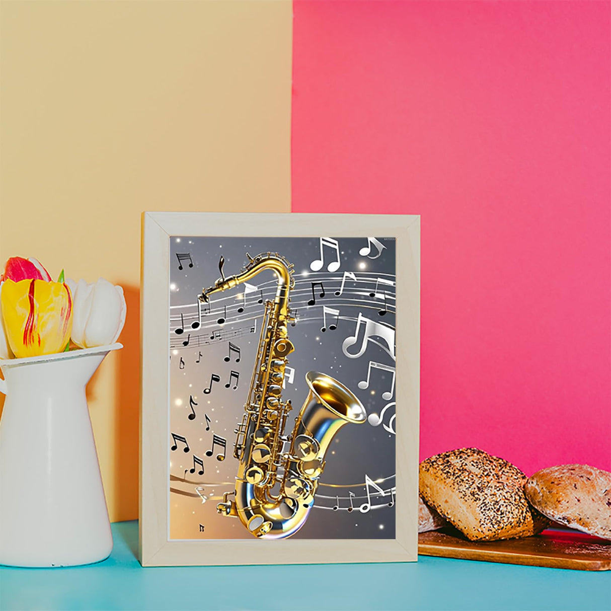 Diamond Painting Saxophone with Music Notes 5D Diamond Art DIY Kits Full Round Drill Beads by Number Mosaic Embroidery Arts and Crafts for Living Room Home Wall Decor 12x16 inch/30x40cm KAYEIUU