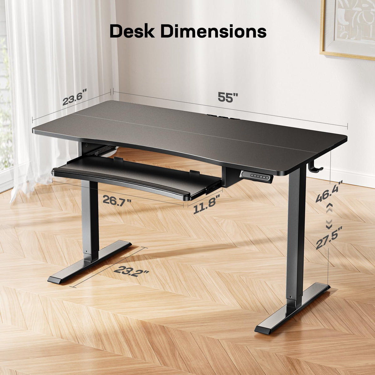 HUANUO 55" x 24" Electric Standing Desk with Large Keyboard Tray(26.7"), Adjustable Height Stand Up Desk for Home Office, 4 Memory Height Settings, 2 Headphone Hooks, Computer Workstation, Black HUANUO