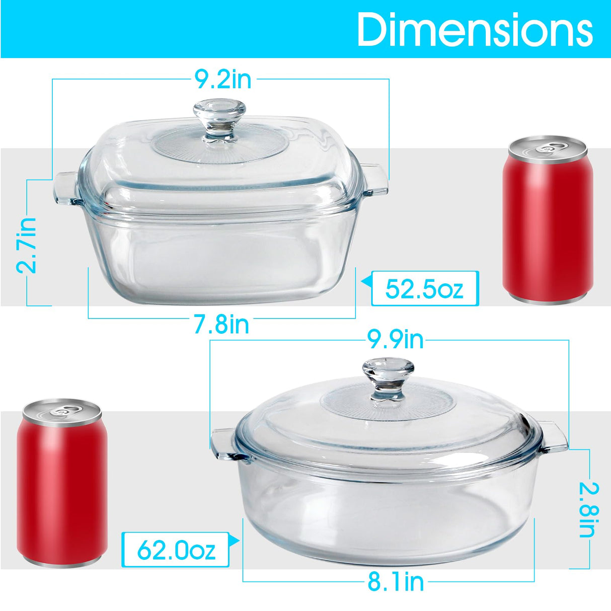 NUTRIUPS Small Glass Casserole Dish with Lid Oven Safe Casserole Dish Set 2 Pack(7.8in Square+8in Round), Microwave Safe Bowls With Lid Casserole Cookware NUTRIUPS