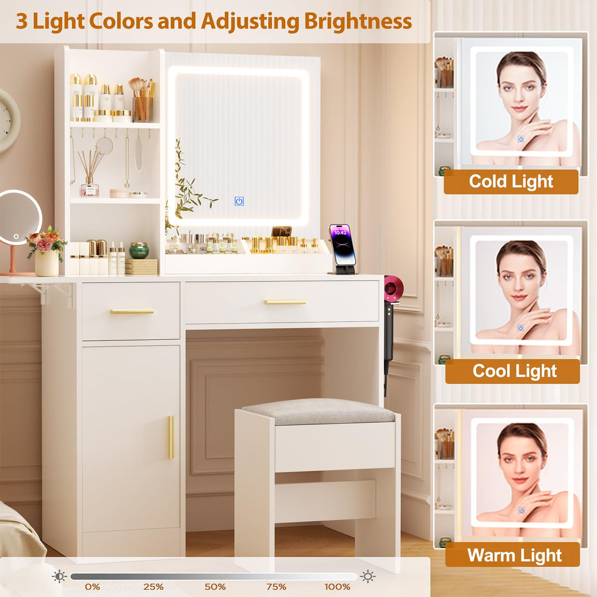 ERLEJIA Vanity Desk with Mirror and Lights & Extral Foldable Desk, 35.43" & 43.3" Makeup Vanity Table with Stool and Plug Outlet, 5 Drawers and Open Shelves Dressing Table for Bedroom, White and Gold ERLEJIA