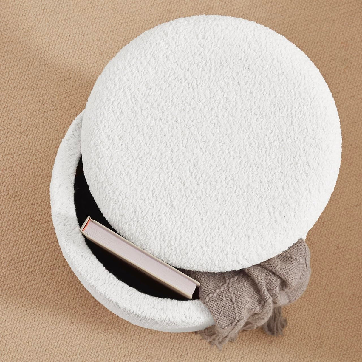 Ornavo Home Decor Round Ottoman with Storage, Boucle White Teddy Round Vanity Chair Stool Ottoman Pouf with Storage for Living Room and Bedroom Ornavo Home