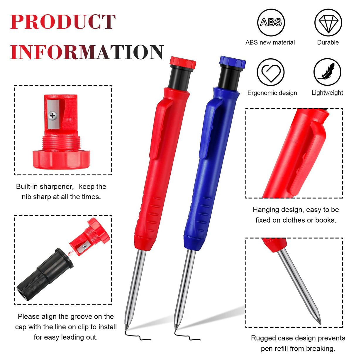 8 Pieces Carpenter Scriber Marking Kit Includes 4 Mechanical Carpenter Pencils, 2 Packs Marker Refills, Metal Carbide Scriber and Automatic Center Punch Woodworker Tool for Glass, Ceramics, Steel Pajean