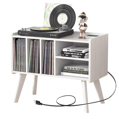 Forevich Record Player Stand Table with Vinyl Storage Holder Large Turntable Record Stand with Power Outlet Holds Up to 220 Albums Display Shelf Cabinet with Wood Legs for Living Room White