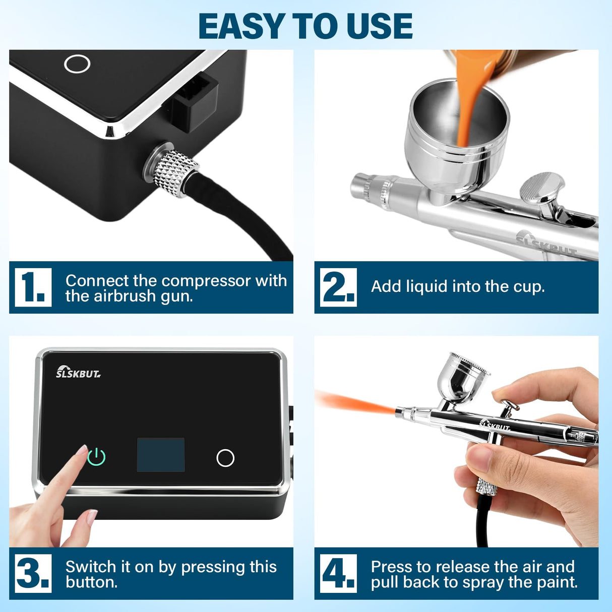 Slskbut Airbrush Kit with Air Compressor 4-Gear Adjustable, 32 PSI High Pressure Air Brush Set, Dual-Action Rechargeable Airbrush Spray Gun Set, Ideal for Painting, Cake Decor, Makeup, Nail Art, Model SLSKBUT