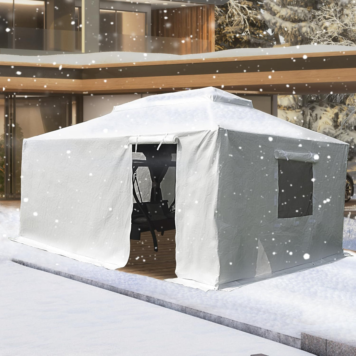 Domi 12' x 16' Universal Winter Gazebo Cover - All Season Waterproof Enclosed With Sidewalls & Ventilated Mesh Windows, All-Weather Outdoor for Hardtop Gazebos, White domi outdoor living