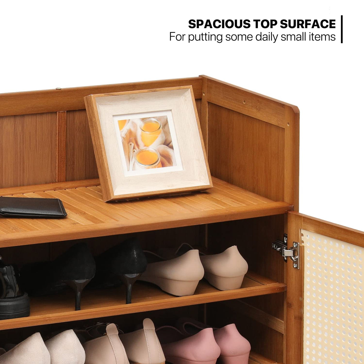 MoNiBloom Bamboo 6 Tier Freestanding Boho Shoe Storage Cabinet Organizer Shelf Stand Unit Up to 25 Pairs for Boots Heels Sneakers Sandals, w/Doors, Brown MoNiBloom