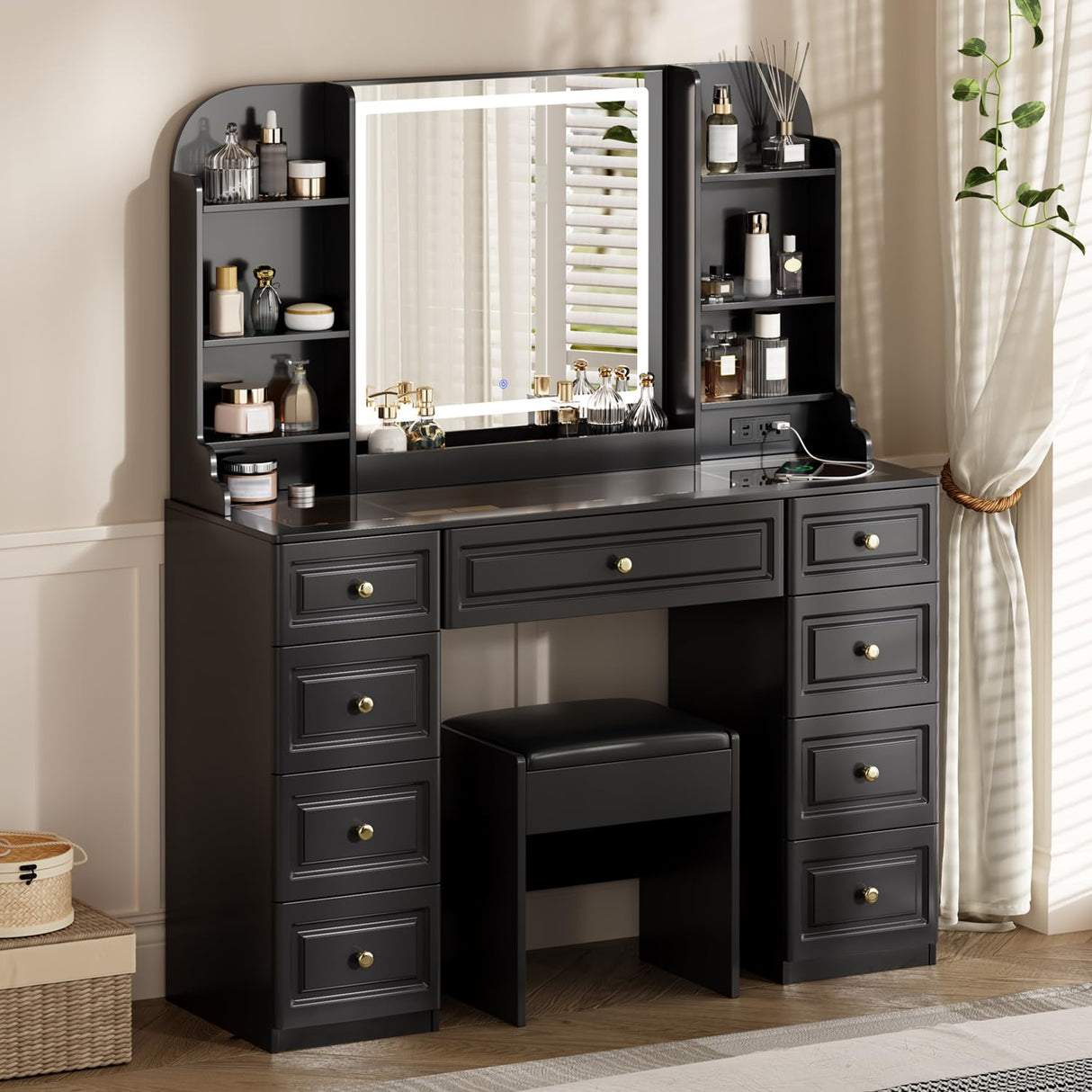 YYJ 42" Makeup Vanity Desk with Mirror and Lights, & Power Outl,Glass Top Big Vanity Table with 9 Drawers& 8 Storage Shelves,Dressing Table Set with Chair for Bedroom, Black.. YYJ