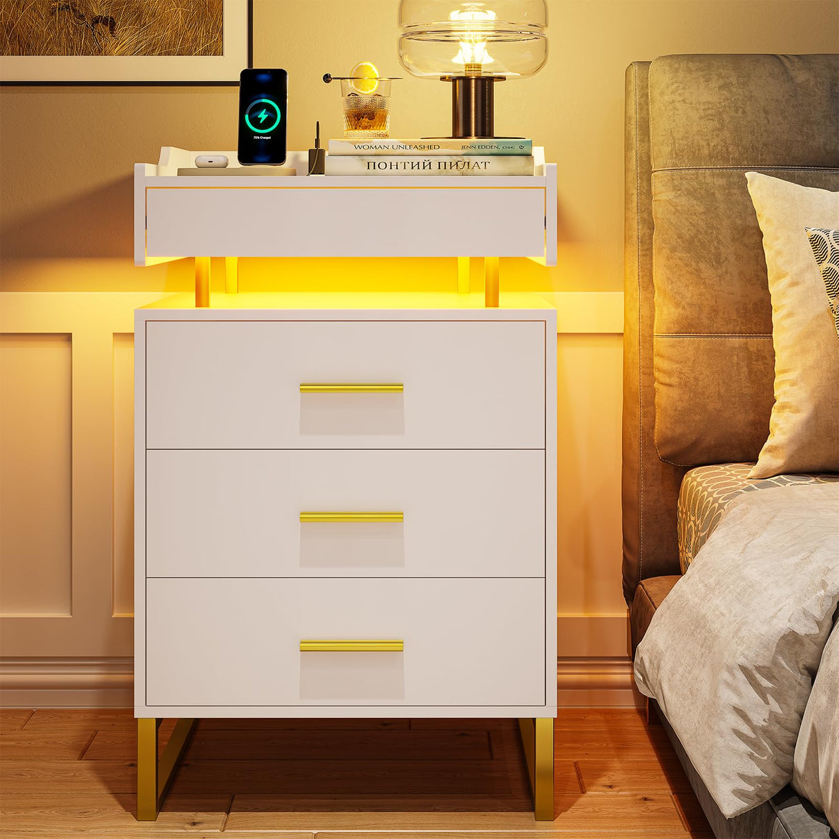 BTHFST LED Nightstand Set of 2 with Charging Station, Large Night Stand with 3 Drawers and 1 Pull-Out Tray, Modern Bedside Table with LED Lights, End Side Table with Storage, White and Gold BTHFST