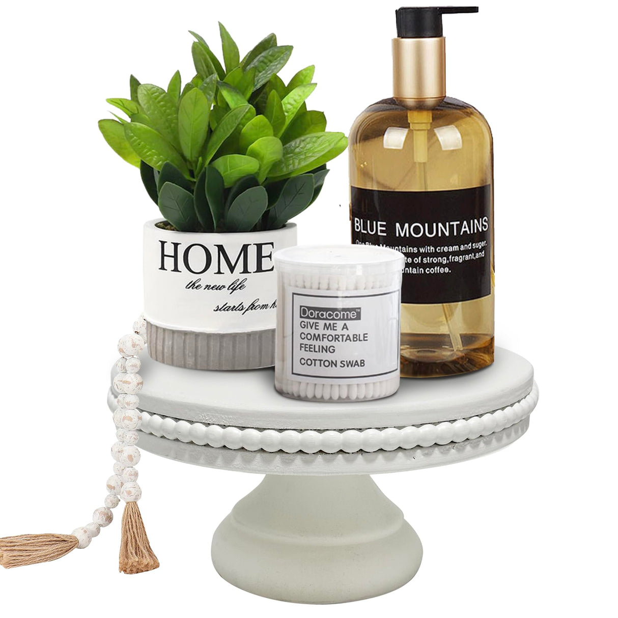 dwellington White Wash Display Wood Riser, 8.25inch Shabby Chic Pedestal Tray Decor with Beads, Farmhouse Display Stands for Coffee Bar, Bathroom, Kitchen Island (White) dwellington