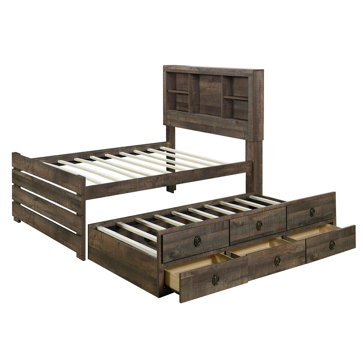 VilroCaz Rustic Brown Full Size Captain Bed with Bookcase Headboard, Drawers & Trundle VilroCaz