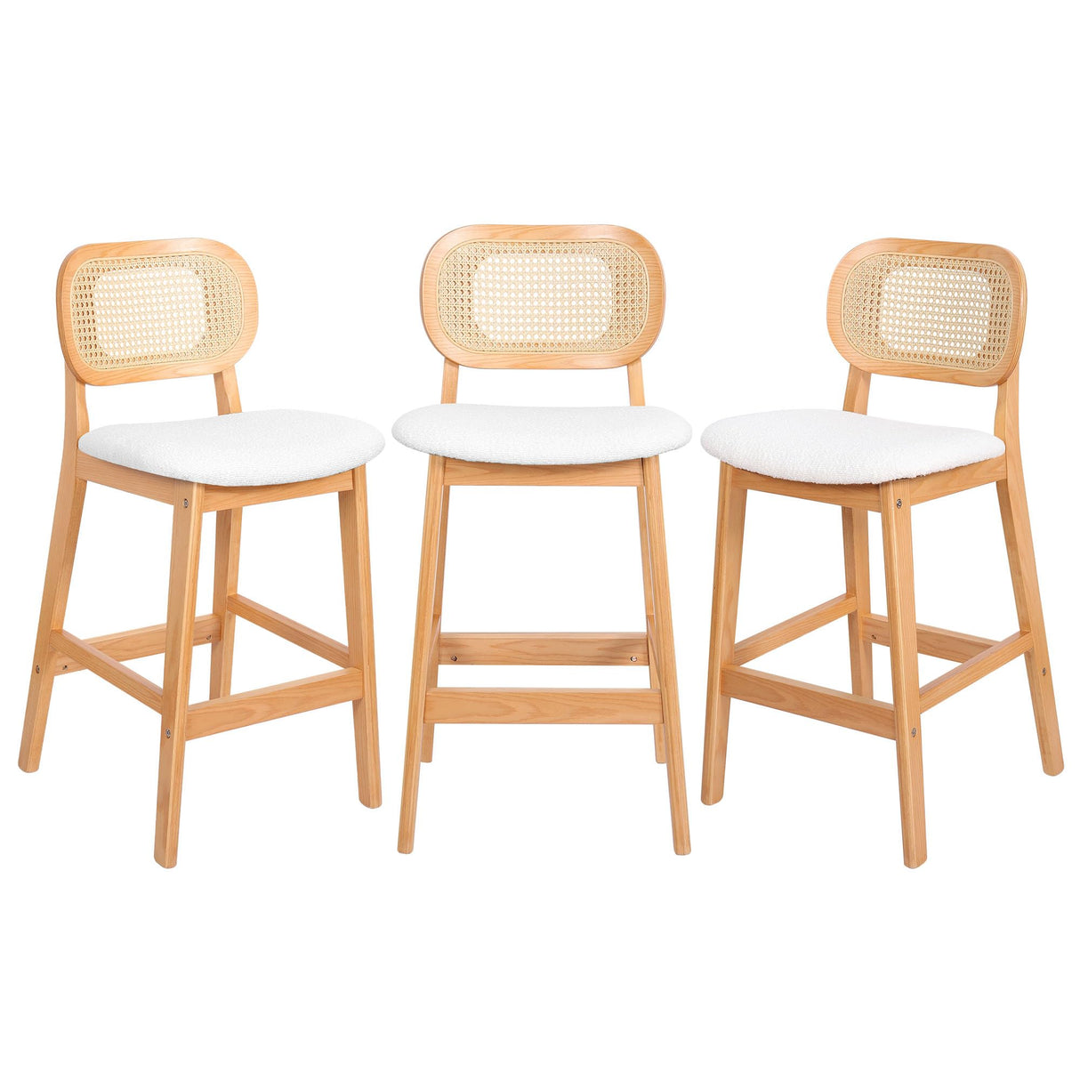 RUOVU Counter Height Bar Stools Set of 3, Rattan Barstools with Back and Natural Wood Frame, White Boucle Fabric Upholstered Bar Chairs, Mid Century Modern Farmhouse Counter Stool for Kitchen Island RUOVU