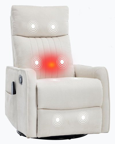 PELUMY Recliner Chair Swivel Rocking with Heat Massage - 360° Manual Recliner, 8-Point Vibrating & Lumbar Heat, Easy Assembly Chair for Living Room (Chenille, Beige)