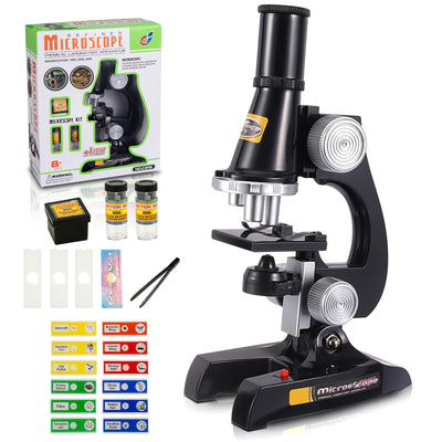 Science Kits for Kids Beginner Microscope with LED 100X 400X and 1200X-Include Sample Prepared Slides 12pc- Educational Toy Birthday Valentine's Day Gift Black