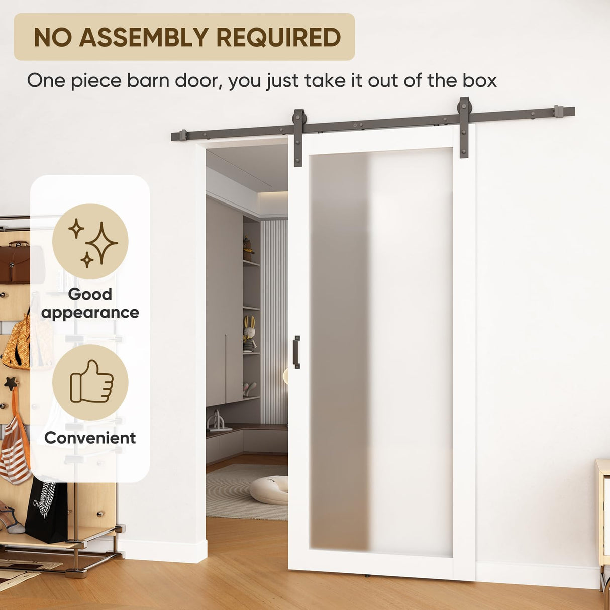 BARNSMITH 36in x 84in Glass Barn Door with 6.6FT Sliding Door Hardware Kit Included, 1 Lites Panel Frosted Glass Barn Door, Solid Wood Water-Proof PVC Surface,No Assembly Required,White BARNSMITH
