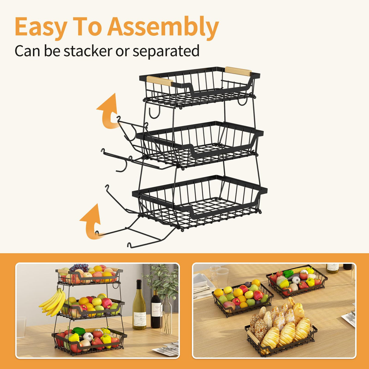 GILLAS 3 Tier Countertop Fruit Basket with 2 Banana Hangers for Kitchen, Detachable Metal Organizer for Bread Vegetable Fruits with Wooden Handle, Large Capacity Rectangular Storage Stand Bowls, Black GILLAS