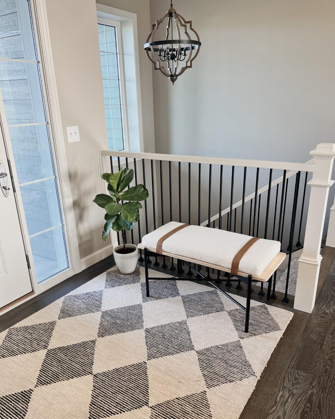Nathan James Thatcher Upholstered Entryway Bench with Removable Boucle Cushion, Vegan Leather Straps, and Matte Black Metal Legs Nathan James