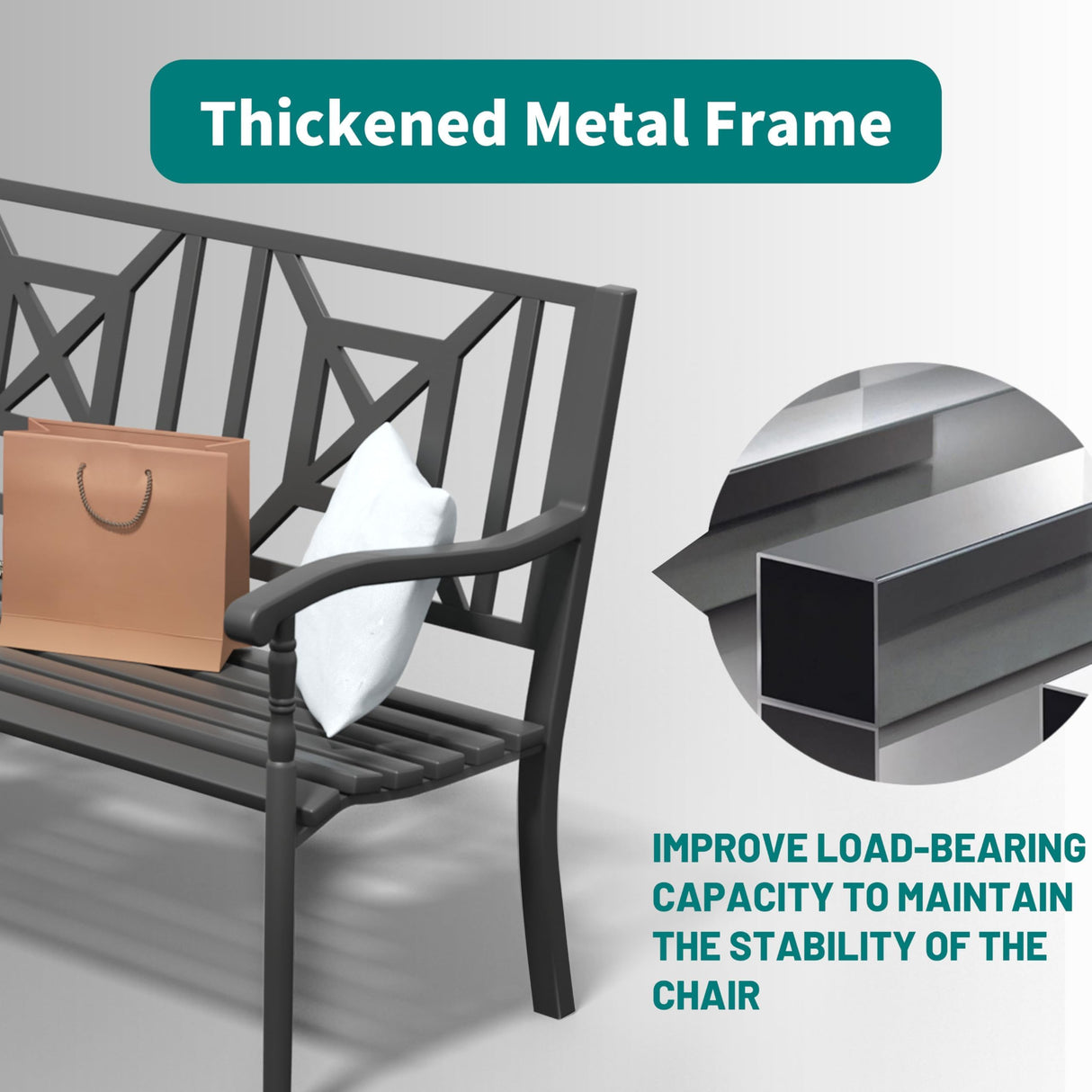 JMGJOY Metal Outdoor Bench, Weatherproof Garden Bench with Square Pattern Backrest and Armrests, for Patio, Porch, Park, Lawn JMGJOY