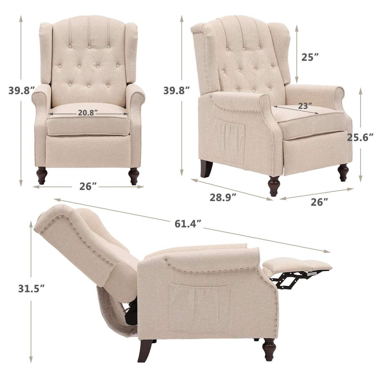 IPKIG Wingback Pushback Recliner Chair - Mid Century Recliner Armchair with Massage and Heat, Rivet Decoration, Button-Tufted Back, Solid Wood Legs for Living Room, Bedroom, Office(Beige) IPKIG