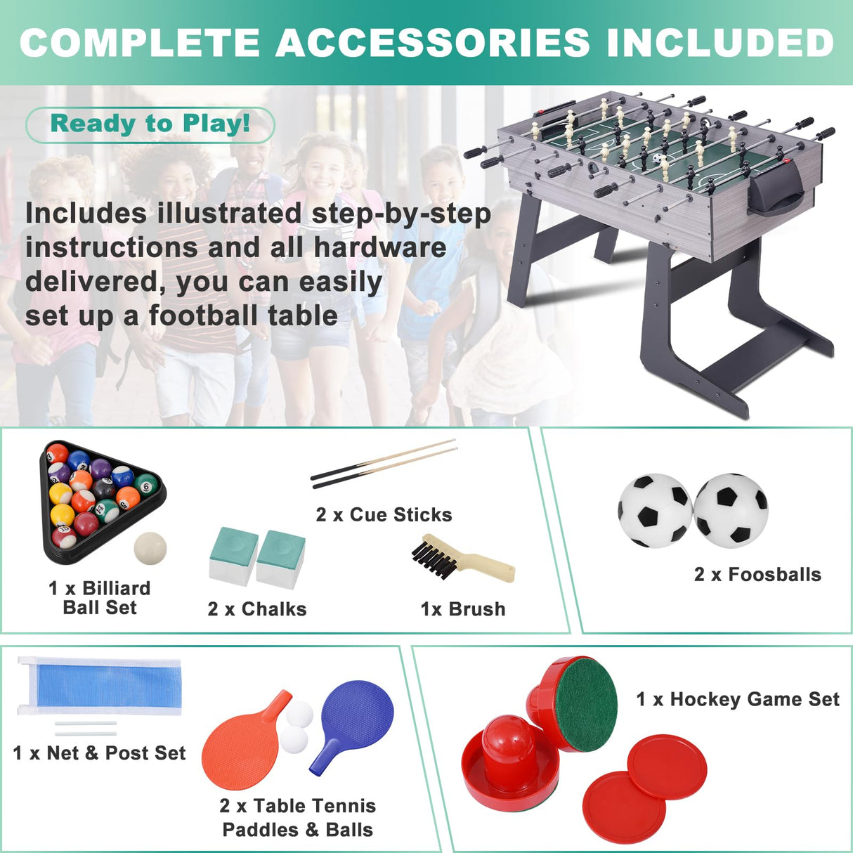 54" 4-in-1 Multi Game Table, Foldable Combo Game Table Set with Ping Pong, Hockey, Pool Billiards and Foosball for Adults, Home, Game Room, Friends & Family RAYKEEP