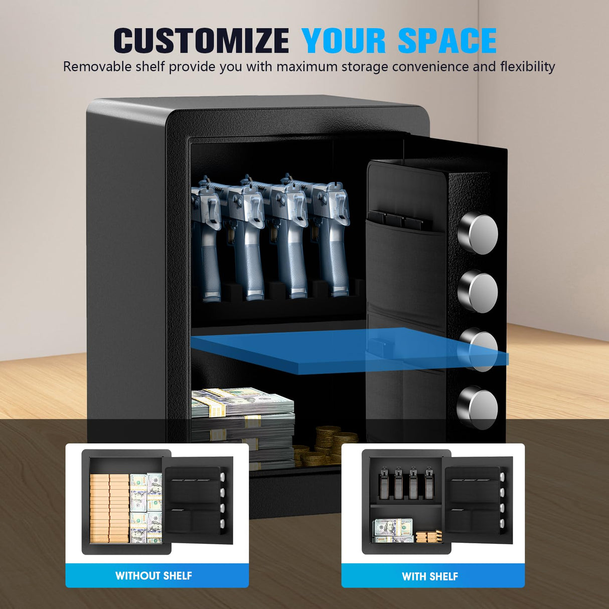 Gun Safe, 2.0 Cu ft Gun Safe for Handgun with Pistol Rack Door Organizer, Pistol Safe with Digital Electronic Keypad, Alarm Home Safe with Adjustable Shelf, Fixable Silent Safe for Valuables Dononr