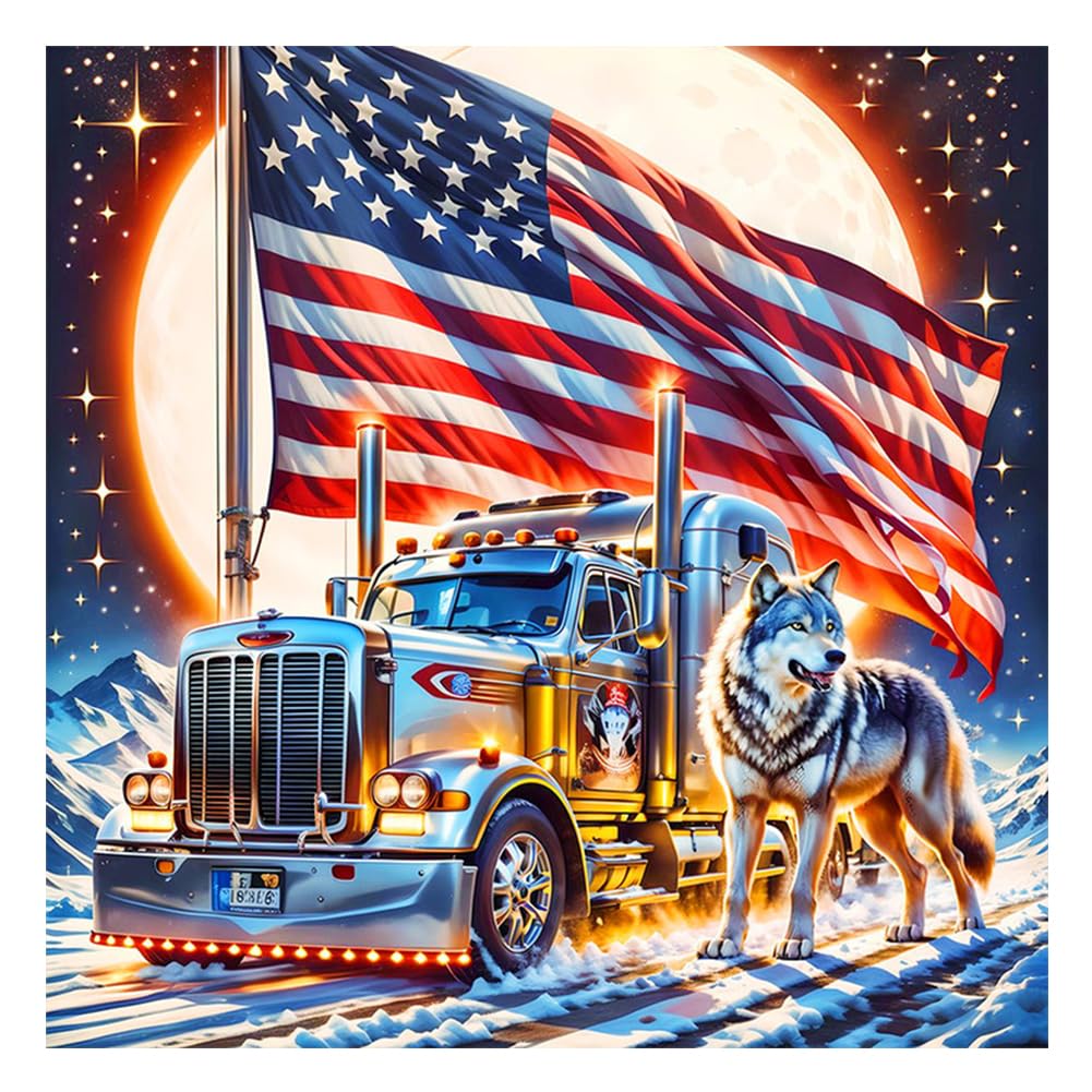 AMORARS 5D Diamond Painting Kit for Adults, American Flag Truck Diamond Art Beginners -Wolf Round Full Diamond Dot Gem Art Paintings, Suitable Gifts, and Home Decoration Crafts, 12x12Inch AMORARS