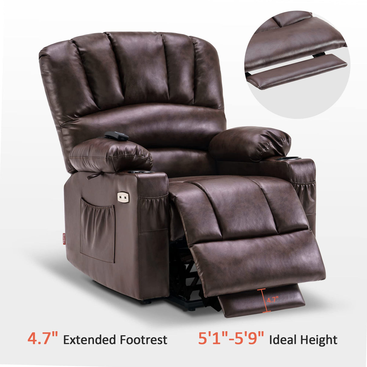 MCombo Power Lift Recliner Chair Sofa with Massage and Heat for Elderly People, Cup Holders, USB Ports, Side Pockets, Faux Leather 7095 (Medium-Regular, Dark Brown) MCombo