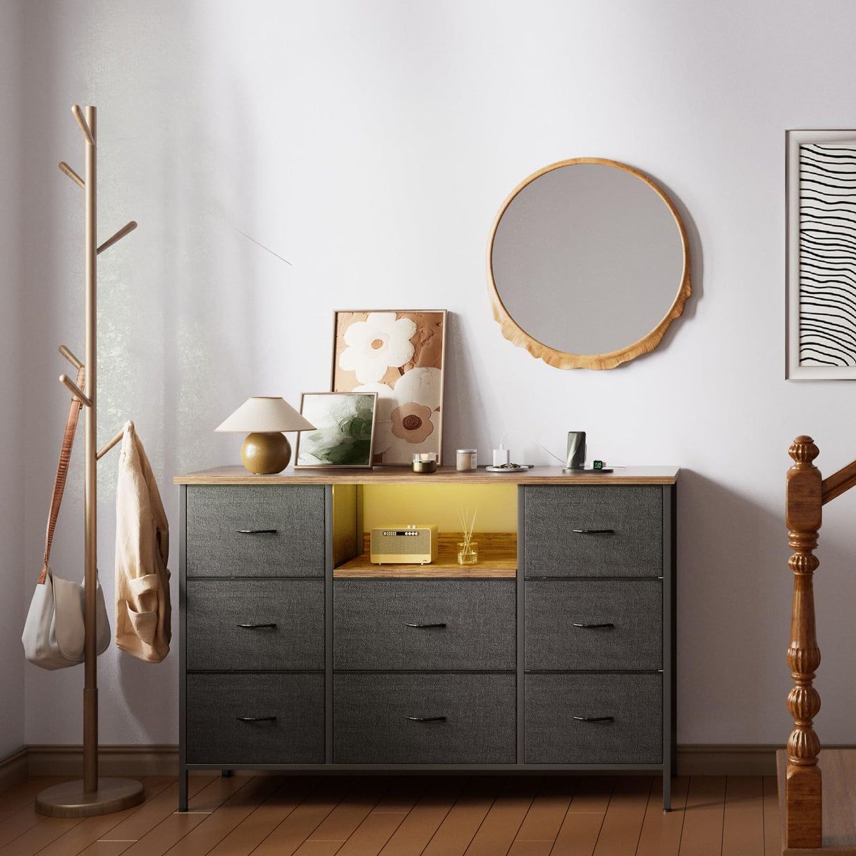 VASICAR Black Dresser with LED Lights & Power Outlets, Dresser TV Stand with 8 Drawers for 55" TV, Fabric Chest of Drawers for Bedroom, Living Room, Entryway VASICAR