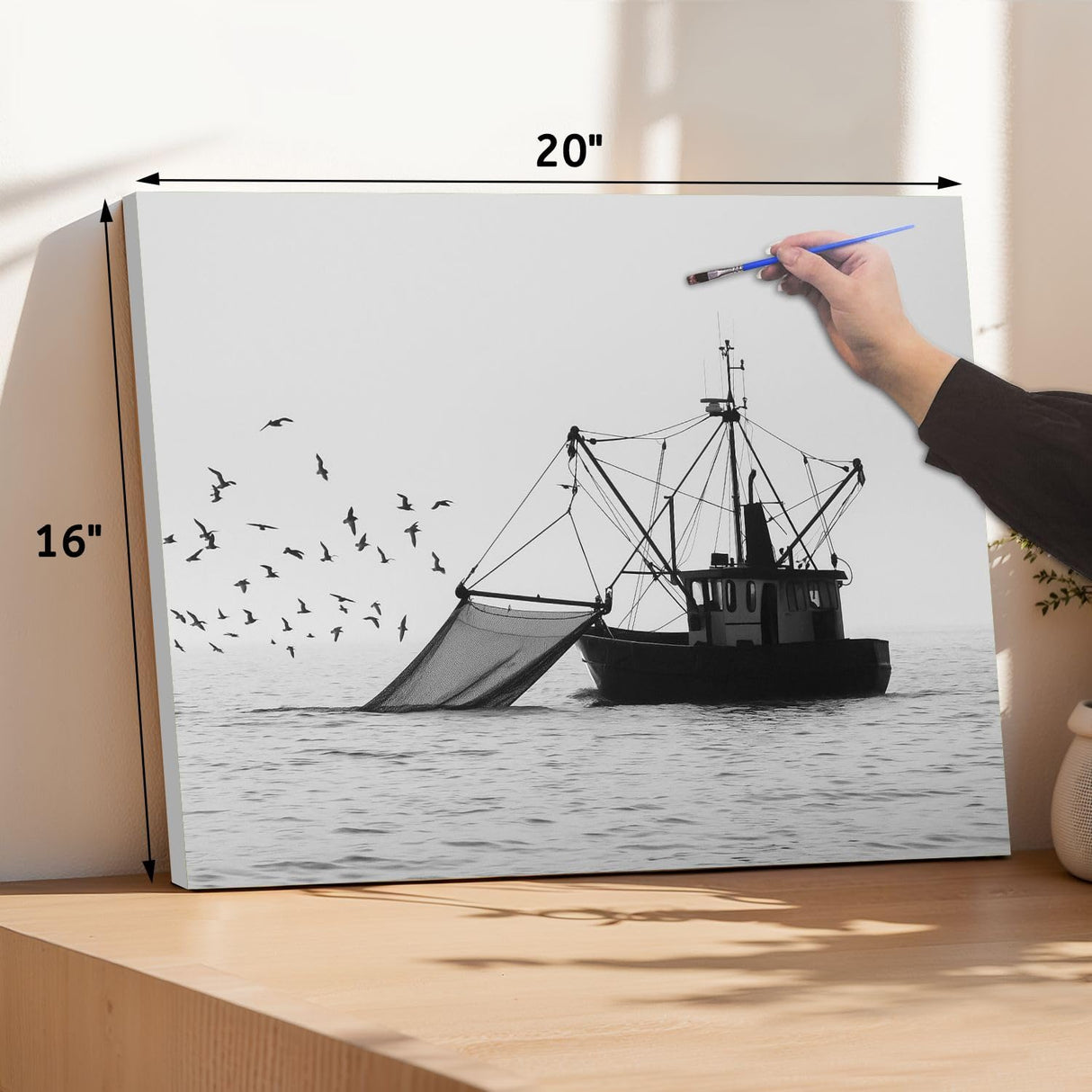 VETEB Paint by Numbers Kit for Adults Beginner Silhouette Shrimp Fishing Boats seas Pictures DIY Framed Painting on Canvas by Numbers Acrylic Oil Painting Home Decor Gifts 16"x20" VETEB