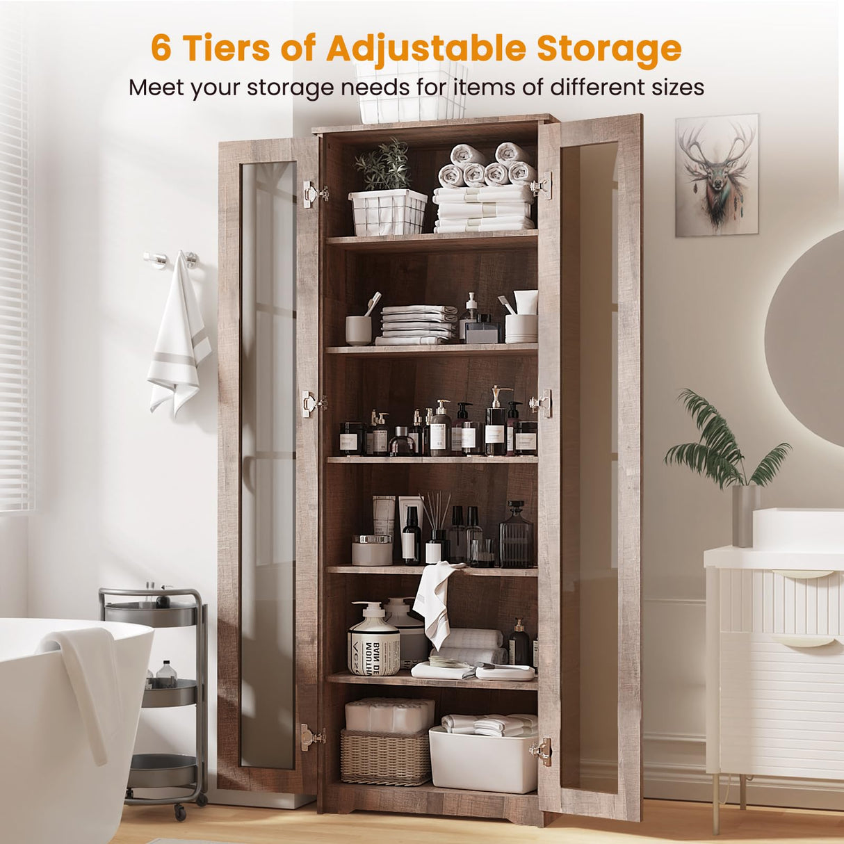 Teekyooly 70" Tall Display Cabinet Storage, Pantry Cabinet with 2 Doors and 6 Adjustable Shelves, Standing Utility Cabinet for Dining Room, Food Storage and Kitchen, Clear and Brown Teekyooly