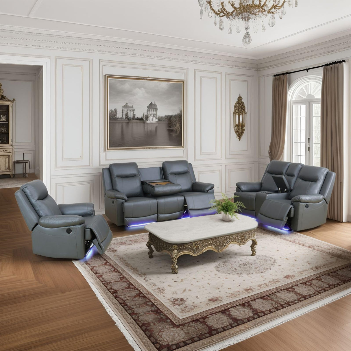 Air Leather Power Recliner Sofa Set with LED, Reclining Living Room Furniture Sets, Power Recliner Couch Set with USB Ports for House/Home Theater (Dark Grey, Sofa+Loveseat+Chair) AYCP Furniture