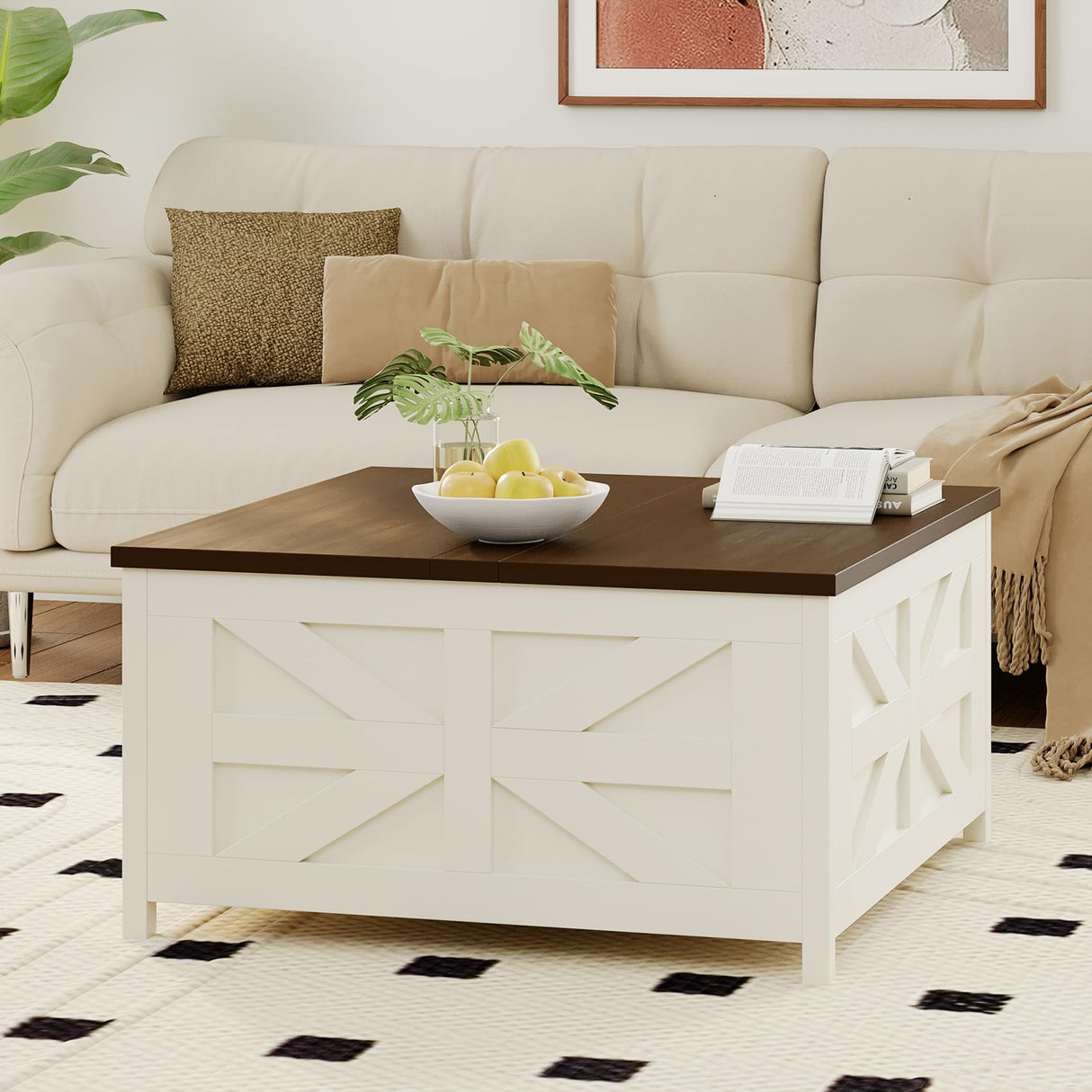 Melidee Farmhouse Lift Top Coffee Table - Wood Square Center Table with Hidden Storage Space, Charging Station & USB Ports, for Living Room, Home Office - 33.5" L x 33.5" W x 17.6" H Melidee