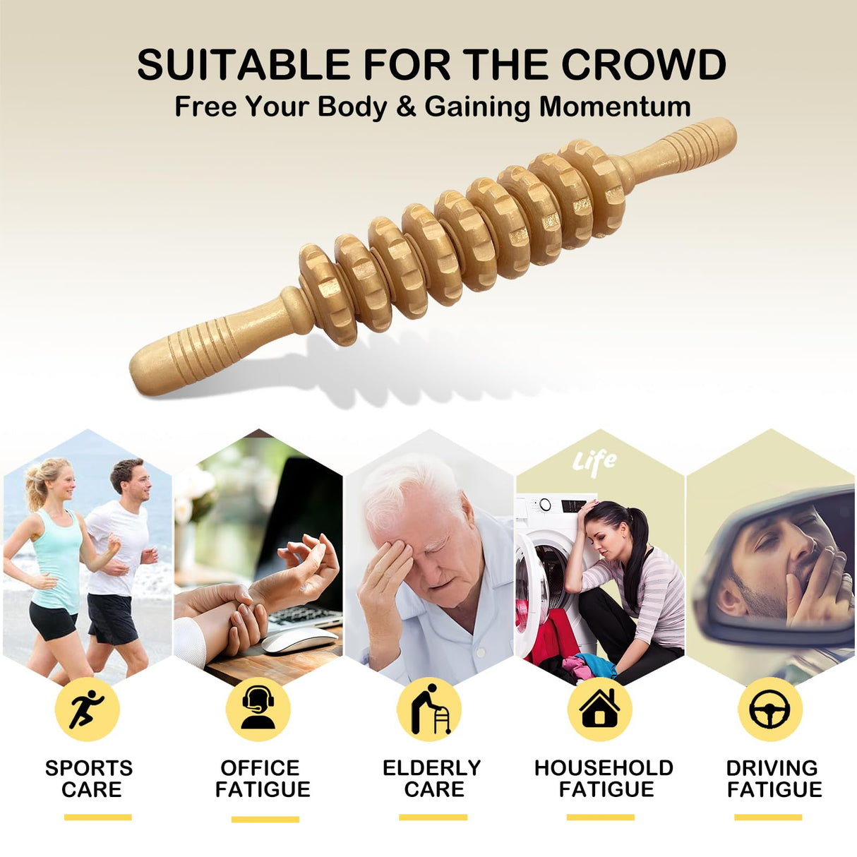 Deston Manual Massager Wooden Handheld Roller Trigger Point Massager Stick for Fascia, Cellulite, Muscle & Abdomen, Body Therapy Massager, Muscle Belly Relief Tool, Natural Wood Deston