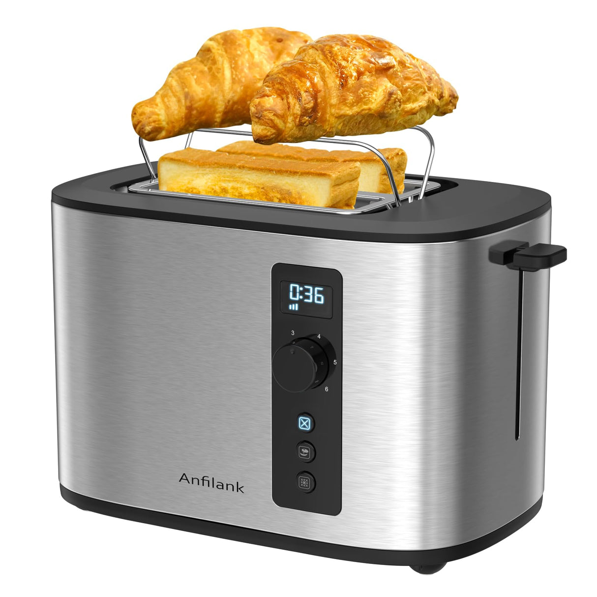 Anfilank Extra Wide Slot 2-Slice Toaster with Digital Countdown Timer, Stainless Steel, 6 Browning Settings, Built-in Warming Rack, Cancel/Bagel/Defrost Functions Anfilank