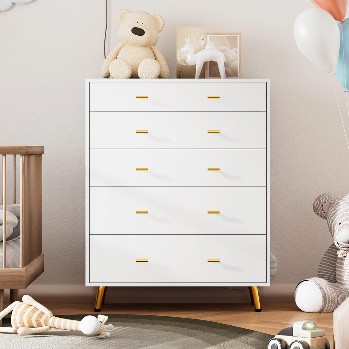 JanflyHome Drawer Dresser with LED Lights, 38" H Tall Tempered Glass Top Dresser, Modern White Wood Chest of Drawers with Jewelry Organizer & Jewelry Display for Bedroom, Living Room, White JanflyHome