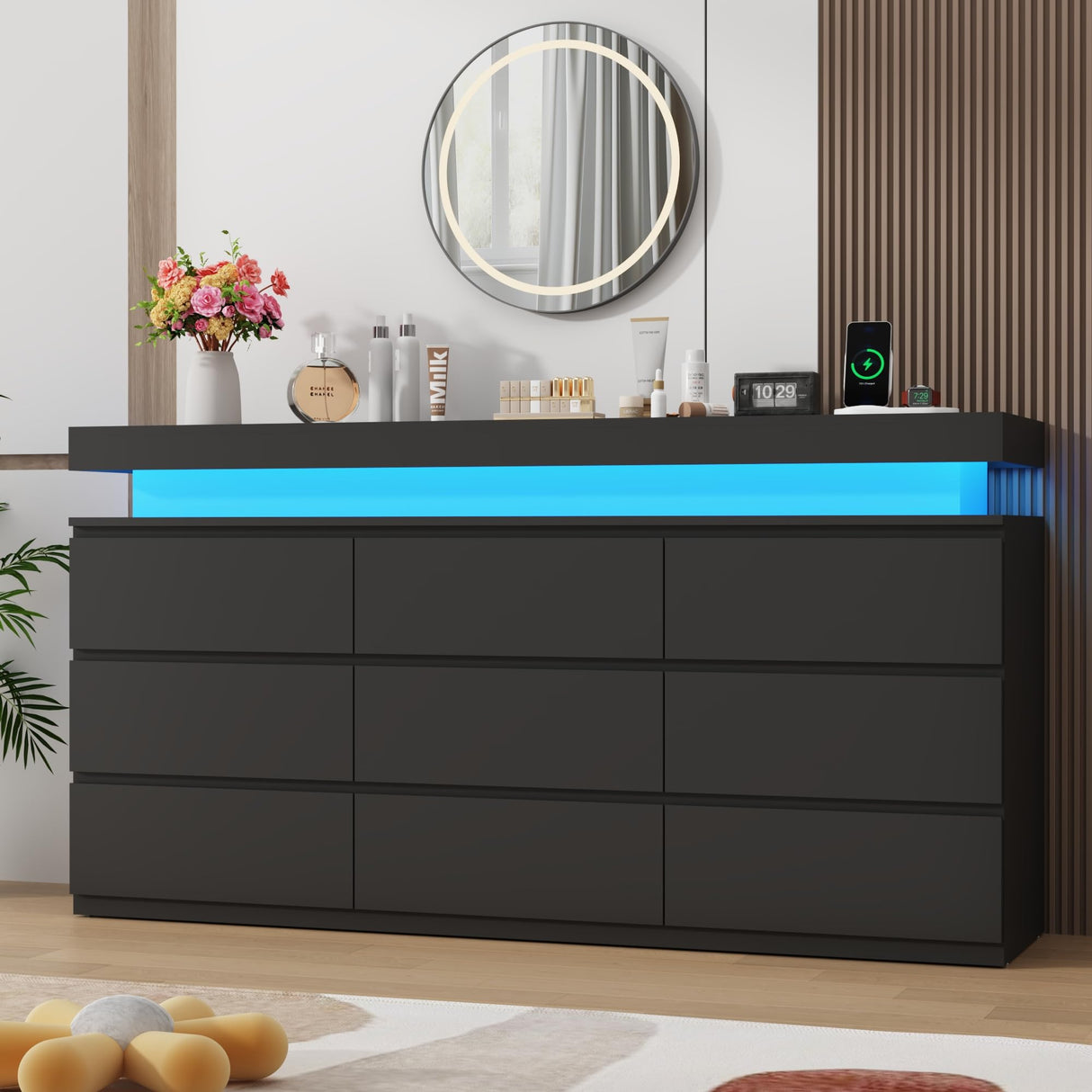 St.Mandyu 9 Drawer Dresser with Power Outlet, 63" Wide Dresser with LED Light, Modern Chest of Drawers for Closet, Double Drawer Organizer Cabinet for Bedroom, Living Room, Black St.Mandyu