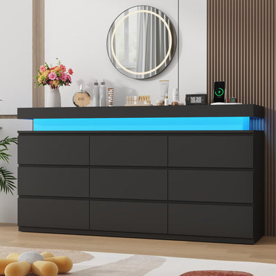St.Mandyu 9 Drawer Dresser with Power Outlet, 63" Wide Dresser with LED Light, Modern Chest of Drawers for Closet, Double Drawer Organizer Cabinet for Bedroom, Living Room, Black