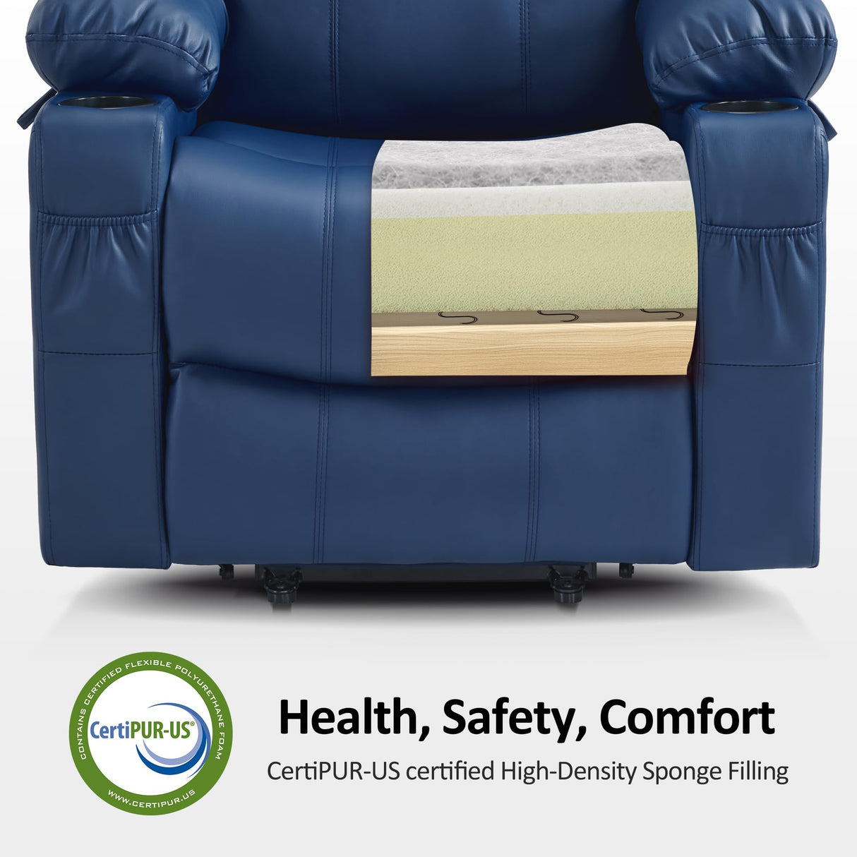 MCombo Electric Power Lift Recliner Chair Sofa with Massage and Heat for Elderly, 3 Positions, 2 Side Pockets, and Cup Holders, USB Ports, Faux Leather 7040 (Blue, Medium) MCombo