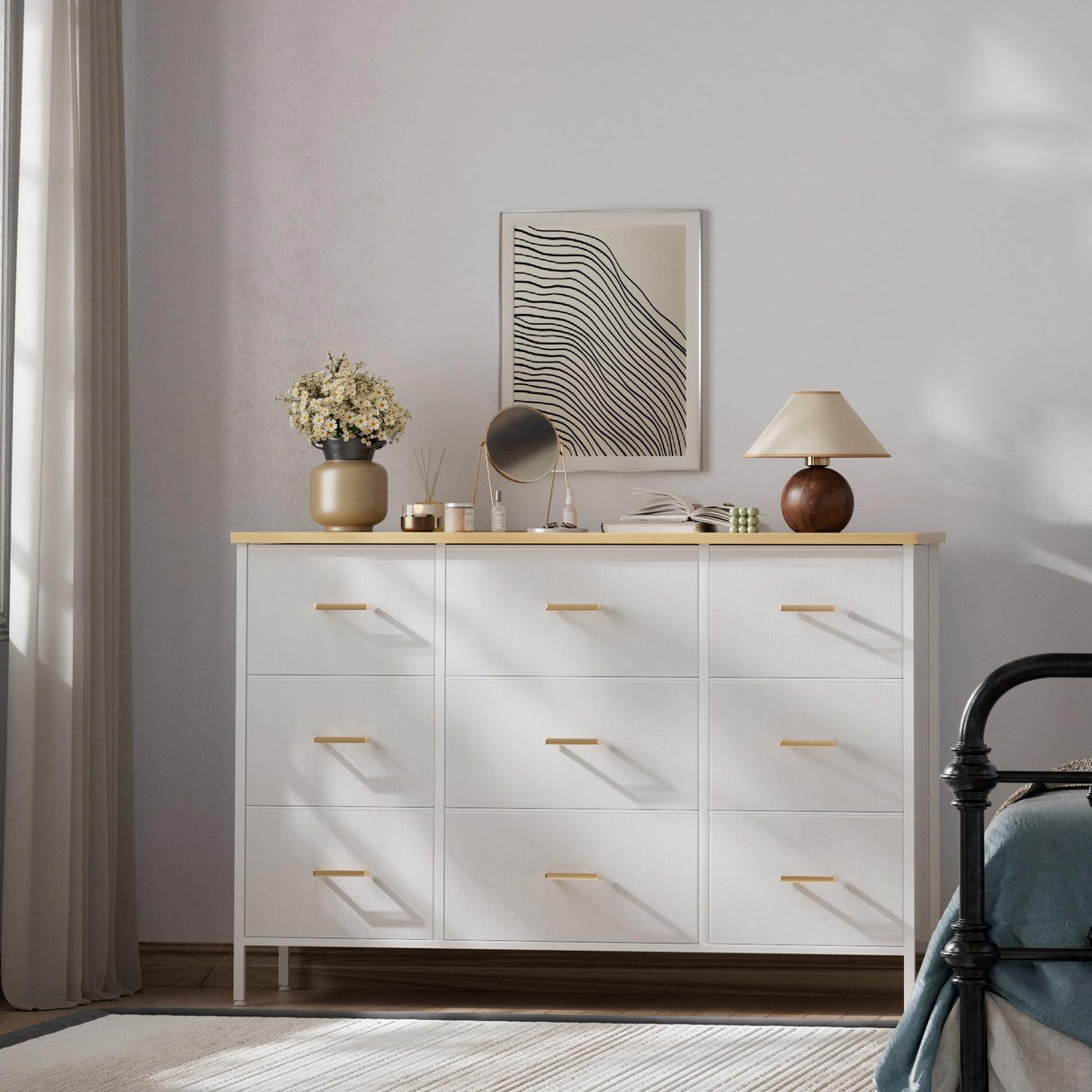 VASICAR Wide TV Stand Modern TV Console, 9 Drawers Dresser for Bedroom, Fabric Storage Cabinet, Chest of Drawers for Closet, Nursery, Living Room(White) VASICAR