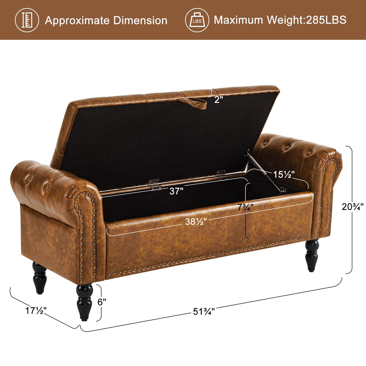 Furniliving Storage Ottoman Bench, Leather Bench End of Bed Bench with Solid Wood Legs Upholstered Ottoman Bench with Storage Indoor Bench for Living Room with Rolled Arm, Entryway, YellowBrown Furniliving