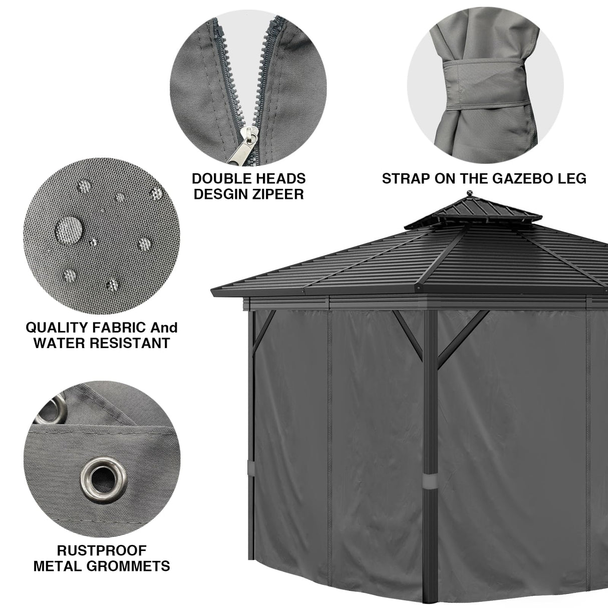 10'x12' Privacy Gazebo Curtains Outdoor Waterproof, 4-Panels Sidewall Curtains Universal Replacement with Zipper for Patio, Backyard, Garden (Only Curtains, Grey) Mogtuo