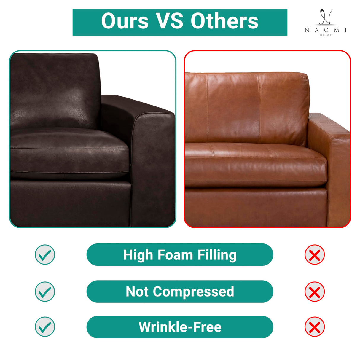 Naomi Home Freya Genuine Leather Sofa - Luxurious Comfort, Goose Feather Cushion Filling, Square Arm Design, Sturdy Block Legs, Elegant Espresso - Ideal for Living Room, Office, or Bedroom Naomi Home