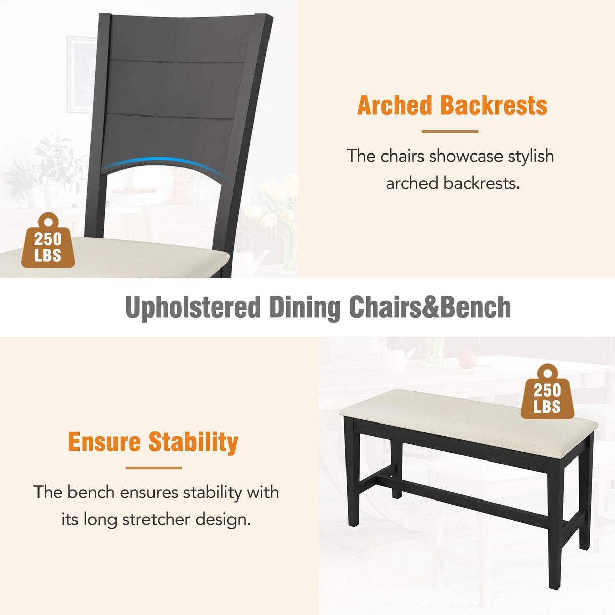 LUMISOL 6 Piece Dining Table Set, Wooden Half Round Kitchen Table Set with Long Bench and 4 Upholstered Chairs, Framhouse Style Table and Chairs Set for Kitchen, Dining Room, Grey LUMISOL