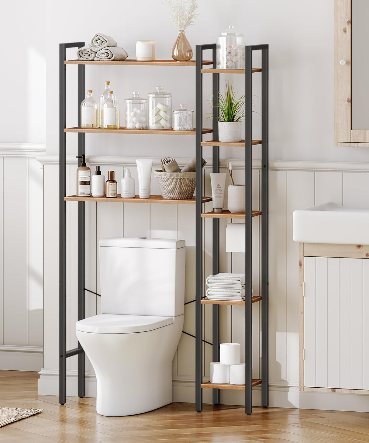 HOOBRO 8-Tier Over The Toilet Storage, Freestanding Bathroom Organizer Space Saver, Mass-Storage Side Storage Open Rack, for Bathroom, Living Room, Laundry, Rustic Brown and Black BF86TS01 HOOBRO