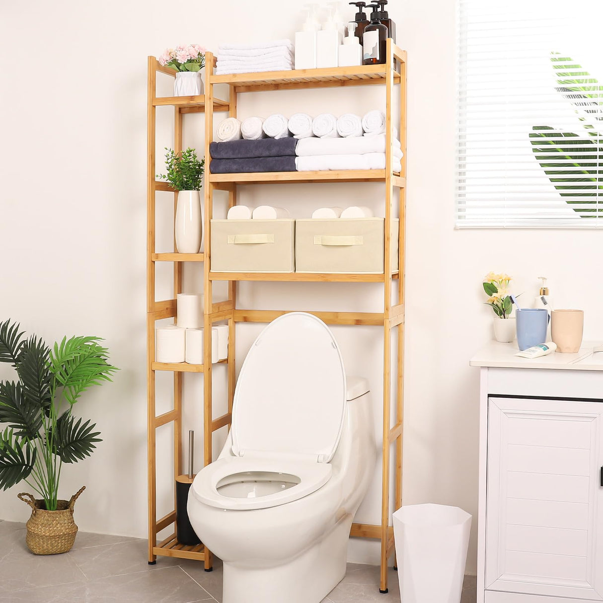 Homde Bamboo Over The Toilet Storage Rack with Adjustable Shelves and Baskets Homde