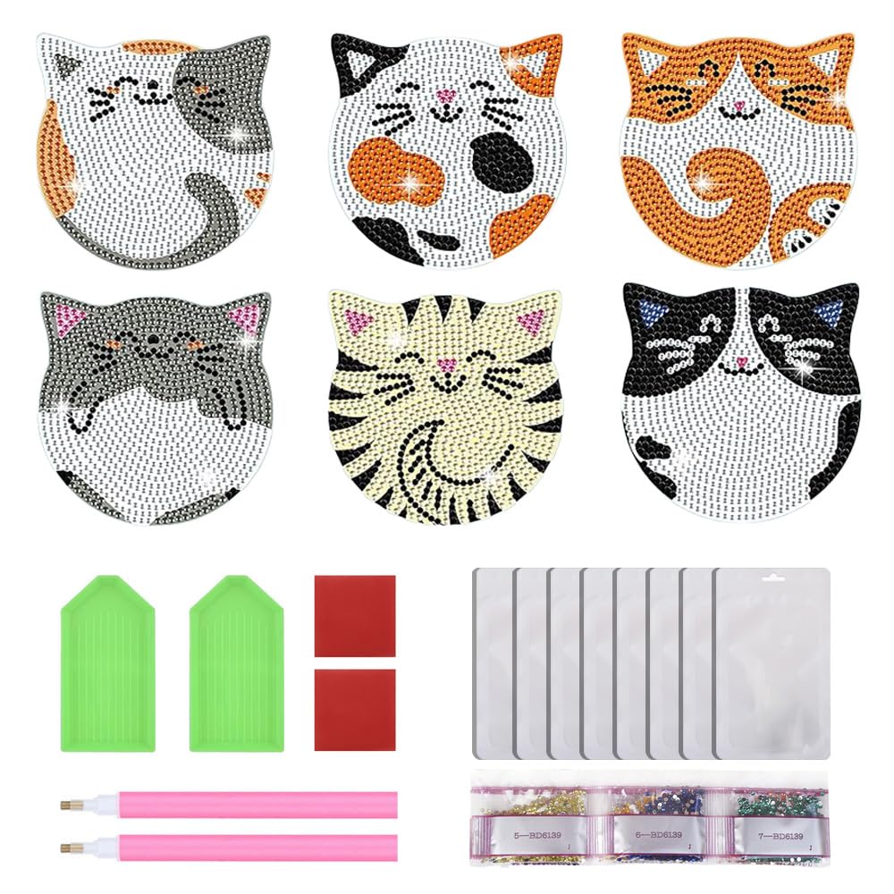 JUNIPLTER 6 PCS Cat Diamond Painting Coasters Kits with Double Tools, DIY Diamond Art Kits for Adults Kids Beginners, Cat Diamond Art Coasters Non-Slip & Heat Insulation, Perfect Holiday Gift JUNIPLTER