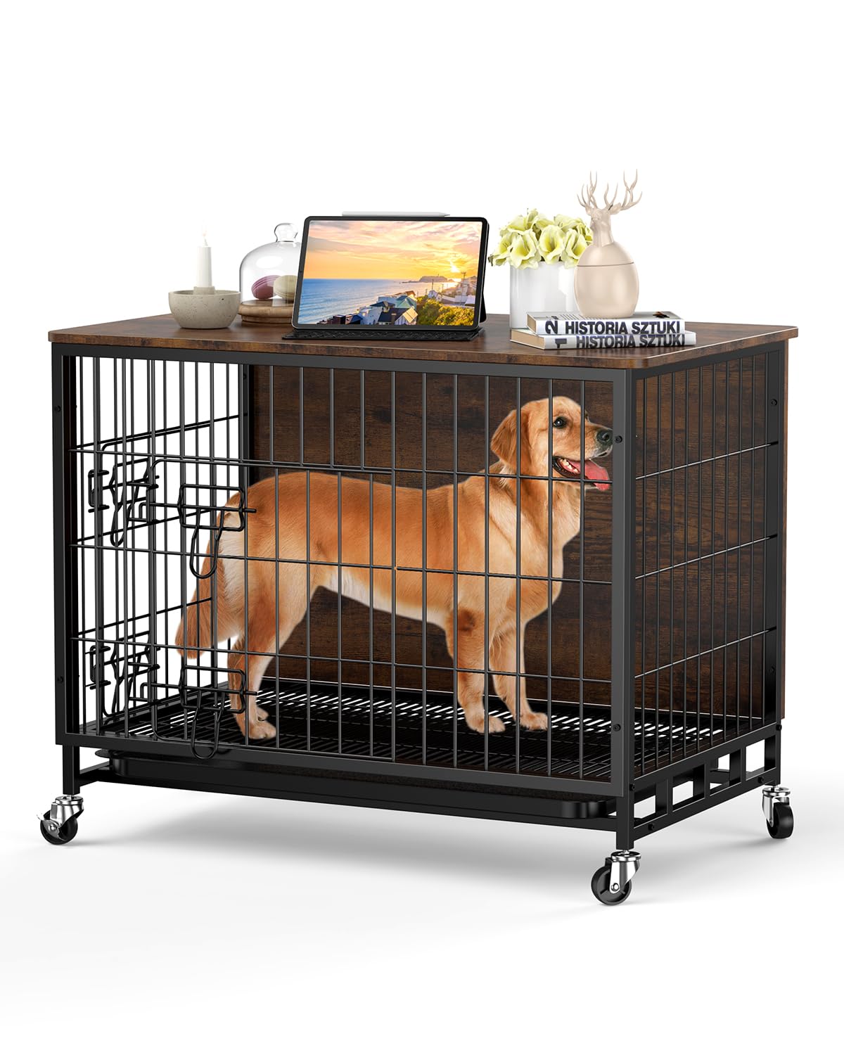 2024 New Dog Crate Furniture, Chic 32.5" Medium-Sized Dog Crate with Dual Access, Seamless Cleaning, Interior Style Boost, Robust & Mobile Design for The Modern Pet, Rustic Brown GAOMON