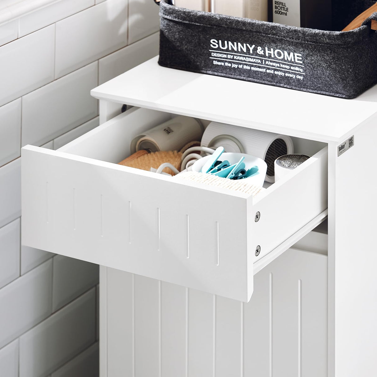 SoBuy Small Laundry Hamper Cabinet Tilt-Out, Bathroom Chest Storage Unit with Drawer, Hidden Basket White BZR110-W SoBuy