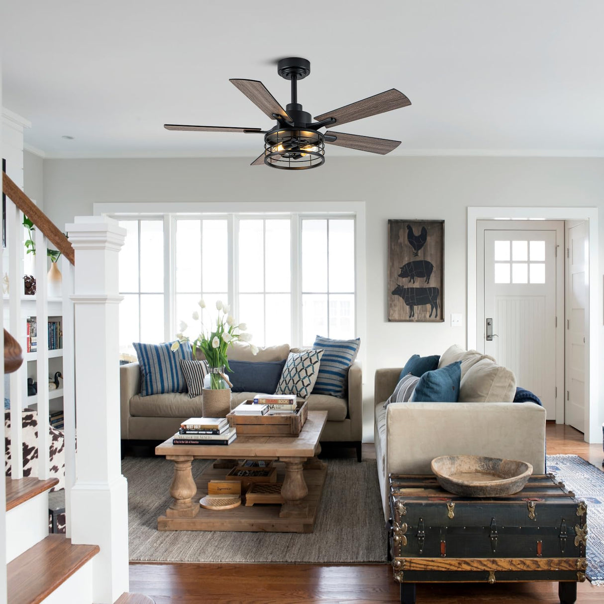 Curve Curio 46 Inch Farmhouse Ceiling Fan with Light and Remote Black Industrial Ceiling Fan Quiet and Reversible DC Motor Rustic Caged Chandelier Fan for Living Room Bedroom Patio Curve Curio