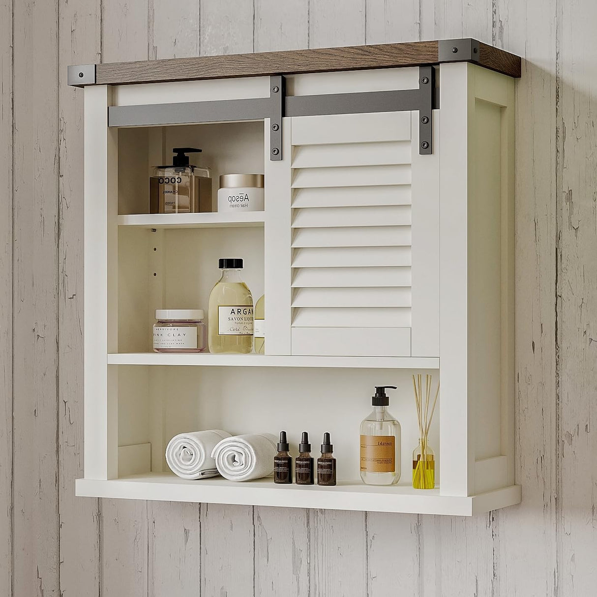 ChooChoo Bathroom Wall Cabinet, Medicine Cabinets for Bathroom with Sliding Barn Door, Decorative Farmhouse Wall Cabinet with Adjustable Shelves Space Saver, Farmhouse White ChooChoo